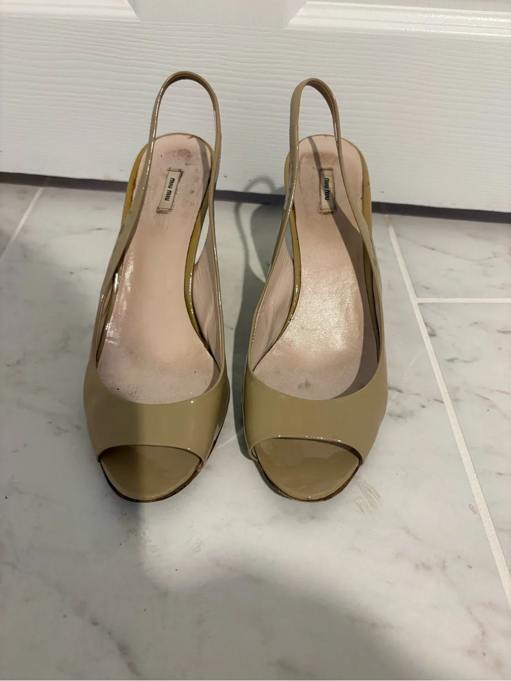 Miu Miu Tan Beige Peep Toe Wedge Slingback Heels
